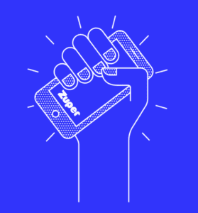 Here's an alt tag for the image: Hand holding smartphone with Zuper app.