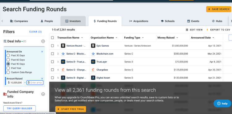 Funding rounds search results table.