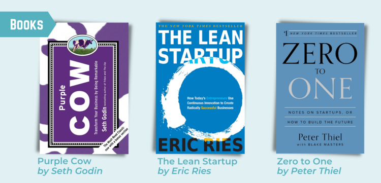 Three business books: Purple Cow, Lean Startup, Zero to One.