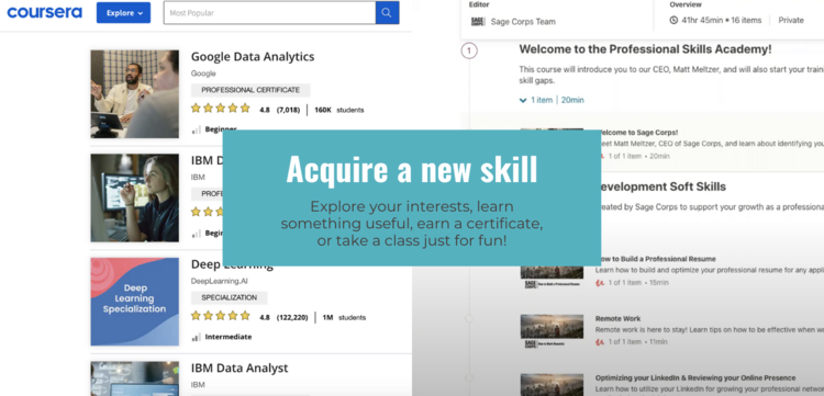 Coursera courses: acquire new skills.