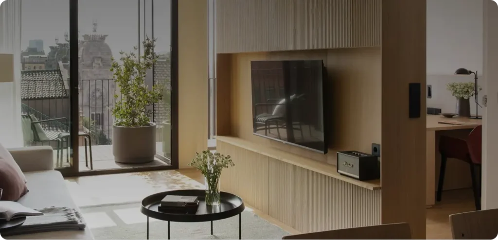 Modern apartment living room with city view.