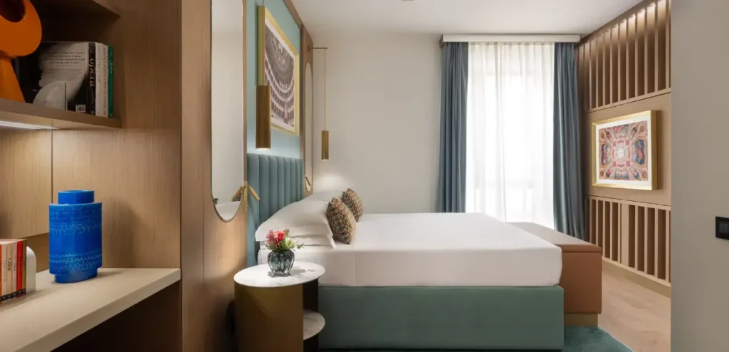 Modern hotel room with stylish decor.