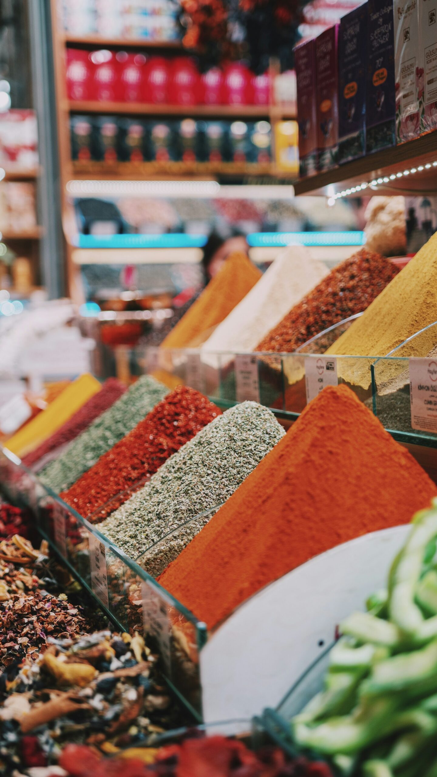 Colorful spices arranged in pyramid shapes.